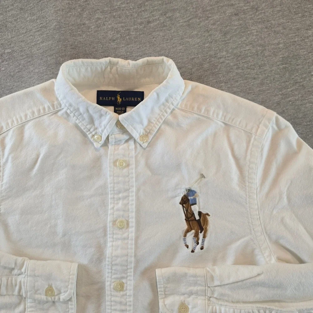 Ralph Lauren Button Down Shirt Boys M 10-12 White Big Pony Oxford Long Sleeve